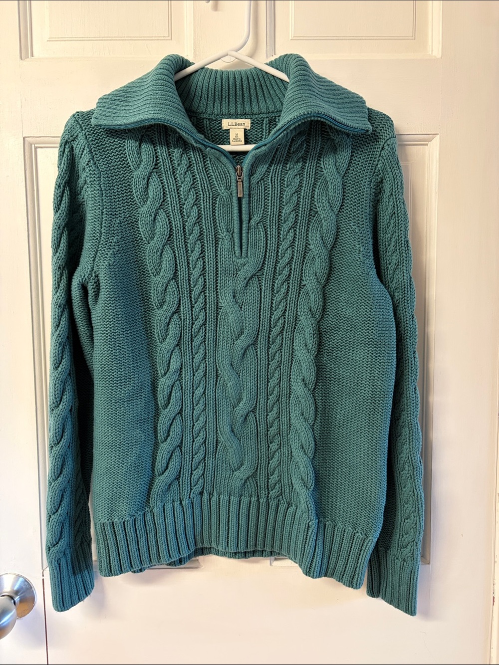L. L. Bean Women's Double L® Cable Sweater, Quarter-Zip in green size Medium
